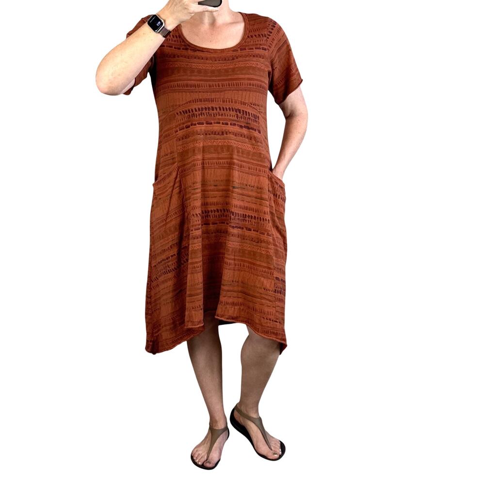 CMC Color Me Cotton Asymmetrical T-Shirt Dress Size M Terracotta Brown Stripe